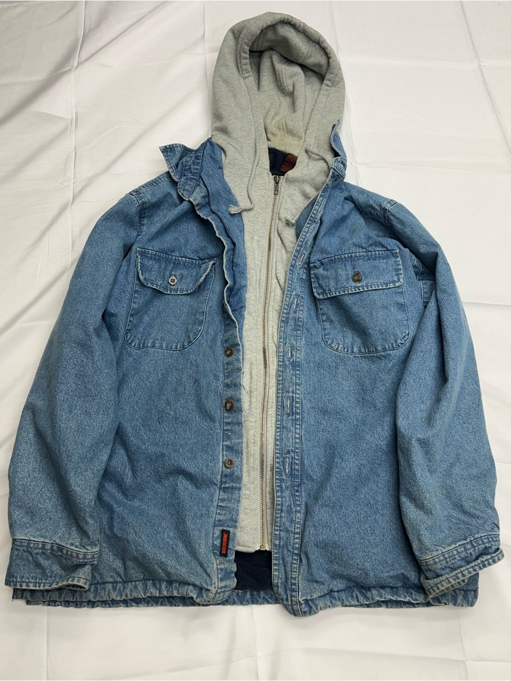 Wolverine Hooded Denim Jacket Medium Layered Fleece Lined Shacket Blue M